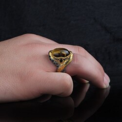 925 Sterling Silver Men's Ring With Rhodium Plated Tiger's Eye Stone - 3