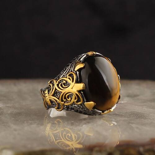 925 Sterling Silver Men's Ring With Rhodium Plated Tiger's Eye Stone - 1