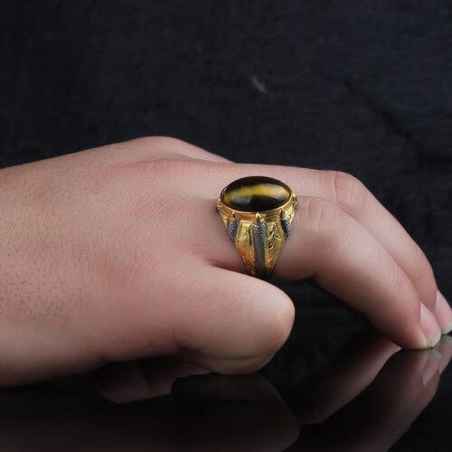 925 Sterling Silver Men's Ring With Rhodium Plated Tiger's Eye Stone - 3