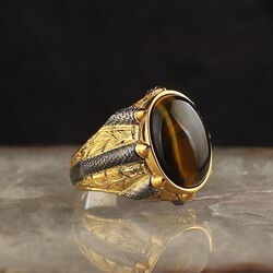 925 Sterling Silver Men's Ring With Rhodium Plated Tiger's Eye Stone - Luxury Jewelry