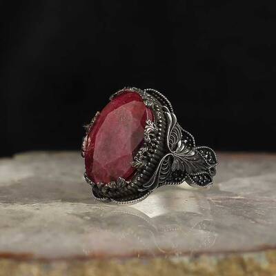 925 Sterling Silver Men's Ring With Ruby Stone - 2