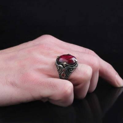 925 Sterling Silver Men's Ring With Ruby Stone - 3