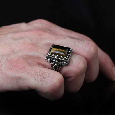 925 Sterling Silver Men's Ring With Tiger Eye Stone - 3