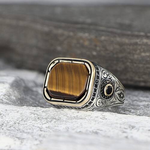 925 Sterling Silver Men's Ring With Tiger Eye Stone - 1