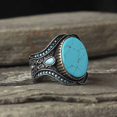 925 Sterling Silver Men's Ring With Turquoise Stone - 1