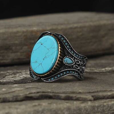 925 Sterling Silver Men's Ring With Turquoise Stone - 2