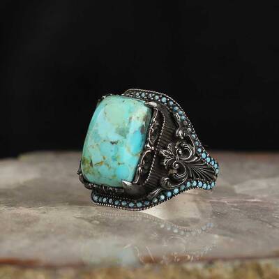 925 Sterling Silver Men's Ring With Turquoise Stone - 2