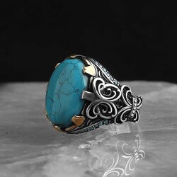 925 Sterling Silver Men's Ring With Turquoise Stone - Luxury Jewelry