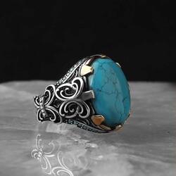 925 Sterling Silver Men's Ring With Turquoise Stone - 2