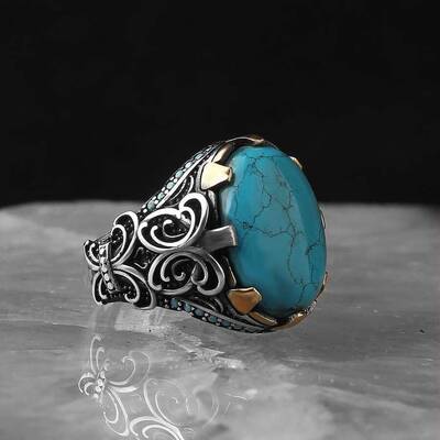 925 Sterling Silver Men's Ring With Turquoise Stone - 2