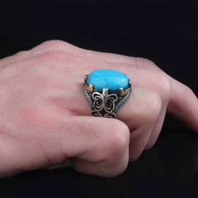 925 Sterling Silver Men's Ring With Turquoise Stone - 3