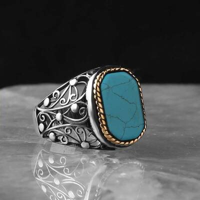 925 Sterling Silver Men's Ring With Turquoise Stone - 2