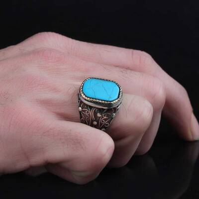 925 Sterling Silver Men's Ring With Turquoise Stone - 3