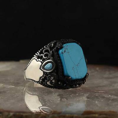 925 Sterling Silver Men's Ring With Turquoise Stone - 2