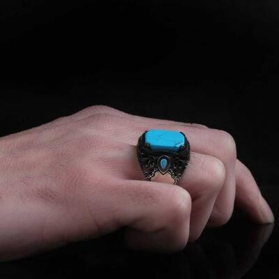 925 Sterling Silver Men's Ring With Turquoise Stone - 3