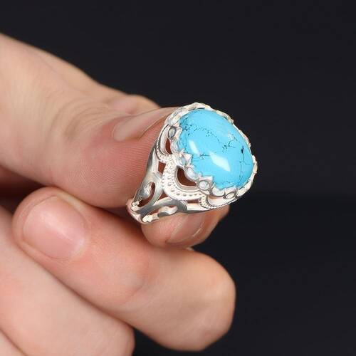 925 Sterling Silver Men's Ring With Turquoise Stone - 3