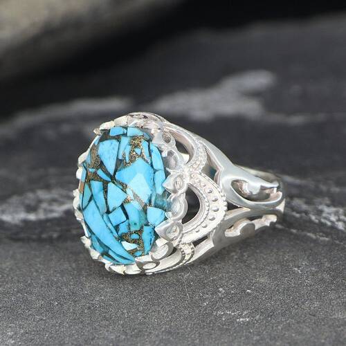 925 Sterling Silver Men's Ring With Turquoise Stone - 2
