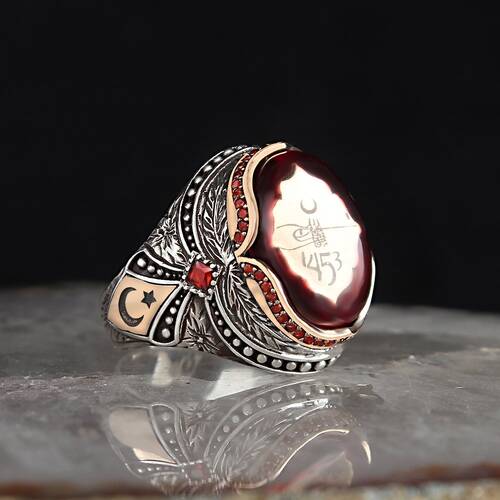 925 Sterling Silver Ring With Amber Stone And Ottoman Tughra - 1