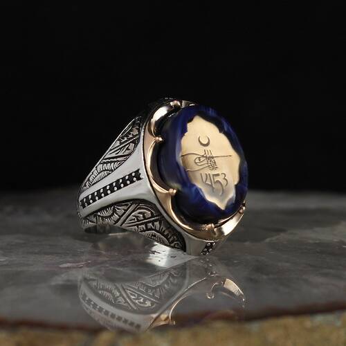 925 Sterling Silver Ring With Ottoman Tughra And Amber Stone - 1