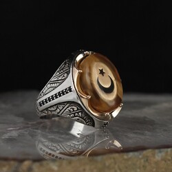 925 Sterling Silver Ring With Star And Crescent Amber Stone - Luxury Jewelry