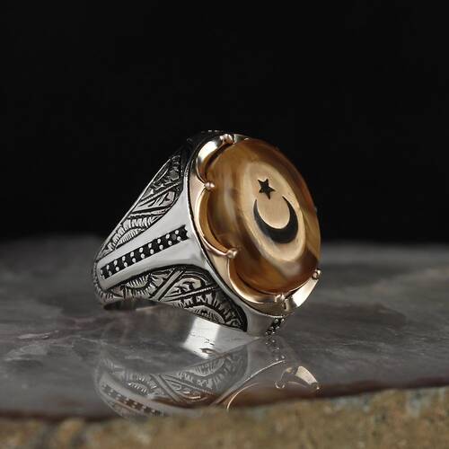 925 Sterling Silver Ring With Star And Crescent Amber Stone - 1