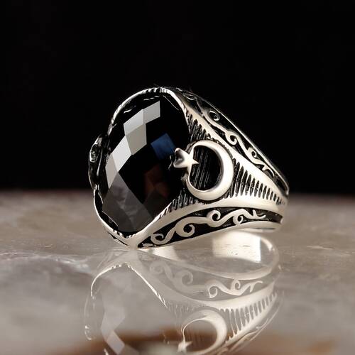925 Sterling Silver Ring With Zircon Stone And Star And Crescent - 1