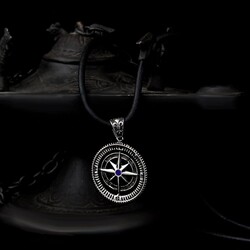 Blue Zircon Stone Compass Model 925 Sterling Silver Men's Necklace - Luxury Jewelry