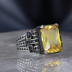 Chain Series 925 Carat Citrine Stone Men's Silver Ring - Luxury Jewelry