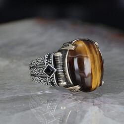Chain Series 925 Carat Tiger Eye Men's Silver Ring - Luxury Jewelry