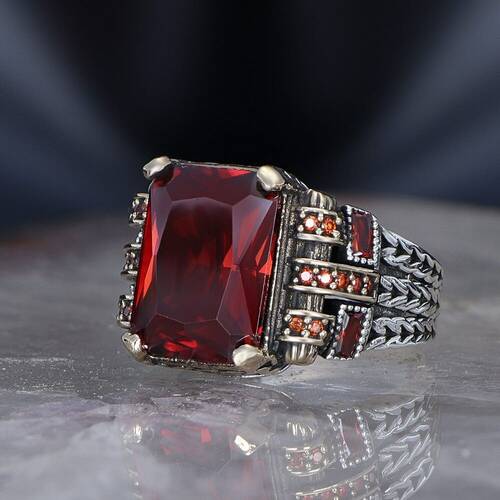 Chain Series 925 Carat Zircon Stone Men's Silver Ring - 1