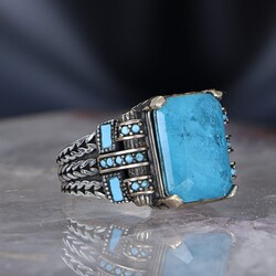 Chain Series 925 Sterling Blue Topaz Men's Silver Ring - Luxury Jewelry