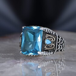 Chain Series 925 Sterling Blue Topaz Men's Silver Ring - Luxury Jewelry