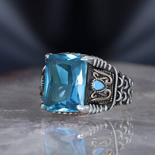 Chain Series 925 Sterling Blue Topaz Men's Silver Ring - 1