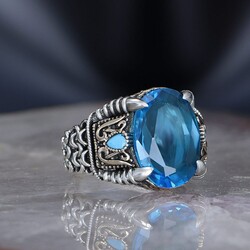 Chain Series 925 Sterling Blue Topaz Men's Silver Ring - Luxury Jewelry