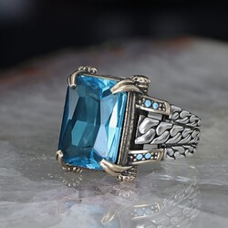 Chain Series 925 Sterling Blue Topaz Men's Silver Ring - Luxury Jewelry