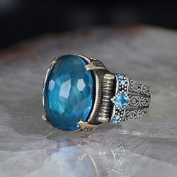 Chain Series 925 Sterling Blue Topaz Men's Silver Ring - Luxury Jewelry