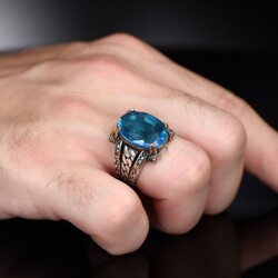 Chain Series 925 Sterling Blue Topaz Men's Silver Ring - Luxury Jewelry