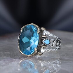 Chain Series 925 Sterling Blue Topaz Stone Men's Silver Ring - Luxury Jewelry