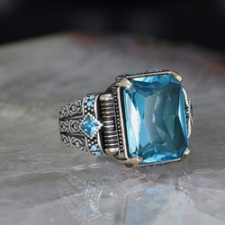 Chain Series 925 Sterling Blue Topaz Stone Men's Silver Ring - Luxury Jewelry
