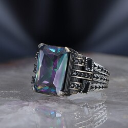 Chain Series 925 Sterling Mystic Topaz Men's Silver Ring - Luxury Jewelry
