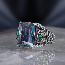 Chain Series 925 Sterling Mystic Topaz Men's Silver Ring - Luxury Jewelry