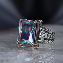 Chain Series 925 Sterling Mystic Topaz Men's Silver Ring - Luxury Jewelry