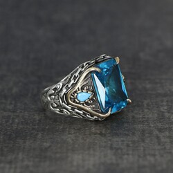 Chain Series Aqua Marine Stone 925 Sterling Silver Men's Ring - Luxury Jewelry