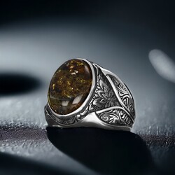 Fossil Drop Amber Stone Men's Silver Ring - Luxury Jewelry