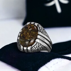 Fossil Drop Amber Stone Men's Silver Ring - Luxury Jewelry