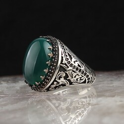 Green Agate Stone Patterned 925 Sterling Silver Men's Ring - Luxury Jewelry