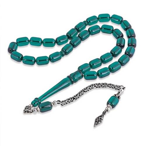 Green Squeezed Amber Rosary With Silver Tassels - 1