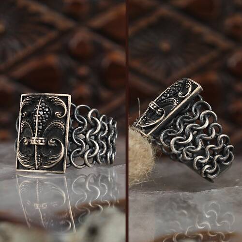 Knitted Pattern Aged Silver Men's Ring - 1