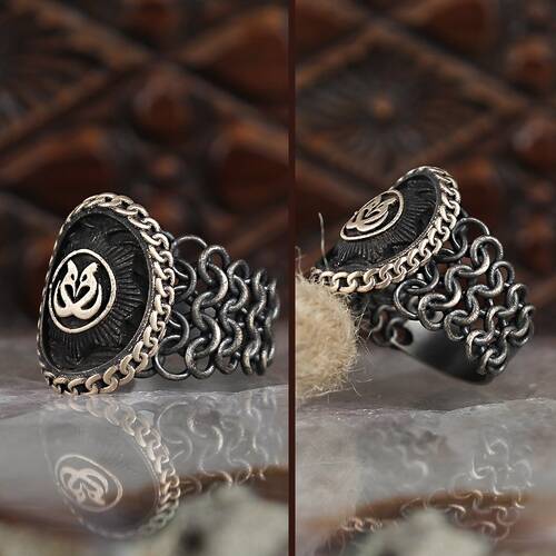 Knitted Pattern Aged Silver Men's Ring - 1