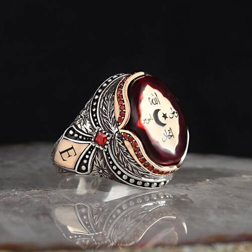 Lettered Amber Stone Ottoman War Flag 925 Sterling Silver Ring - 1
